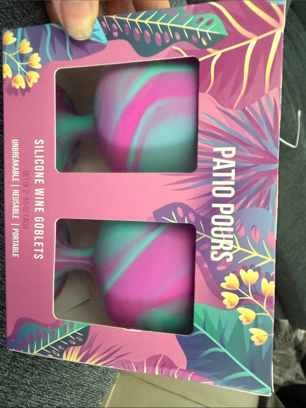 NIB Patio Pours Silicone Wine Goblets 8.5 ozs each - Teal & Magenta Swirl